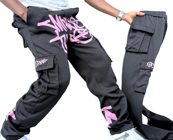 Minus Two black and pink graffiti cargo pants